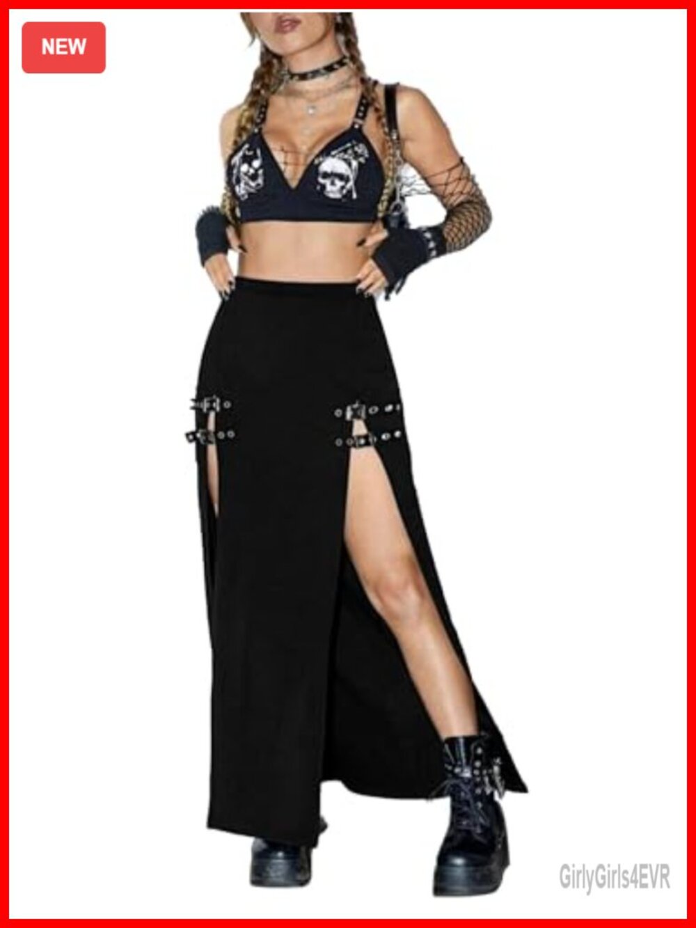 Women's High Waist Maxi Skirt with Buckle Double Slit Stretchy Party Club